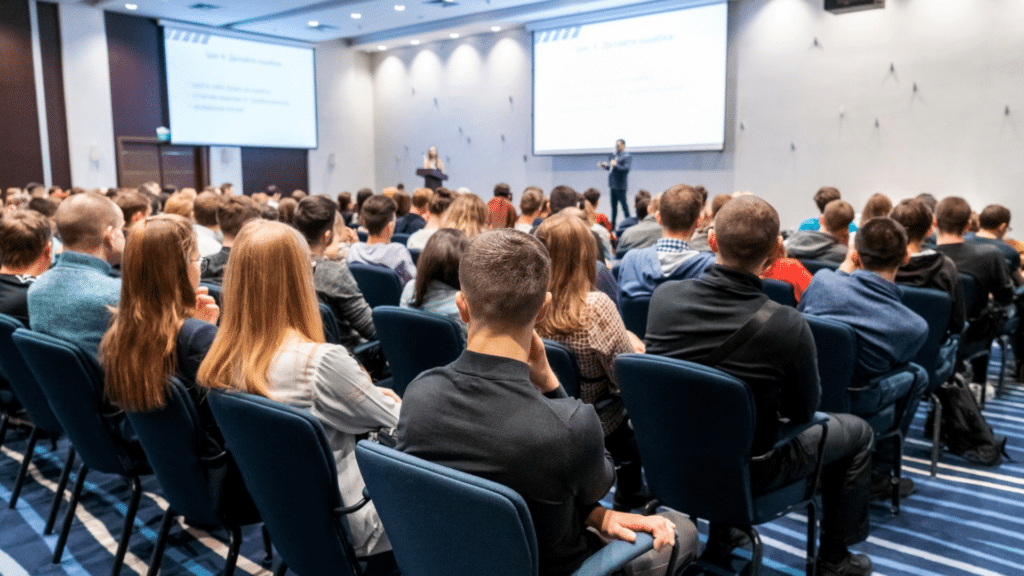 Group of people watching presentation with large white screen