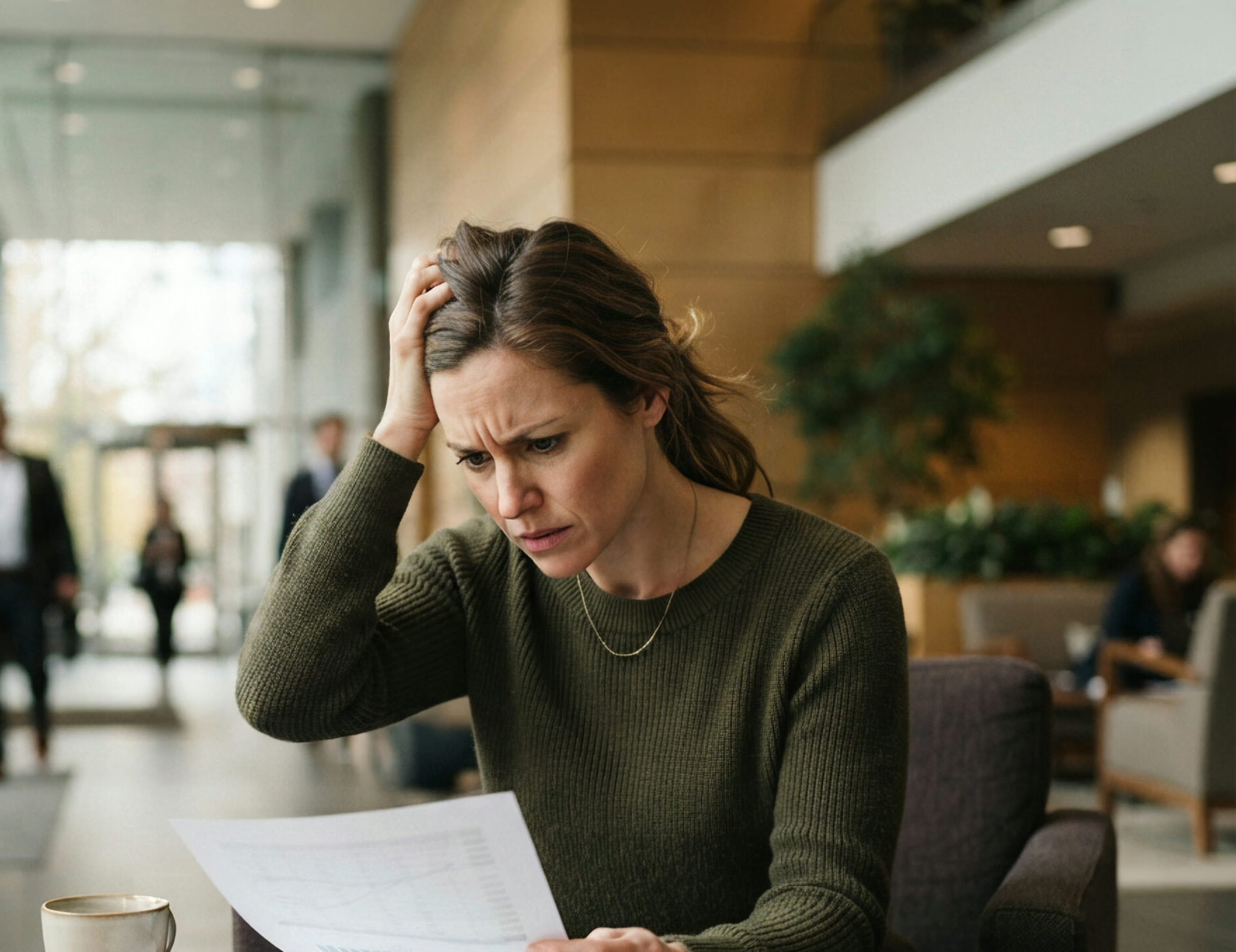 Woman resting her head reviewing resumes in a modern office
